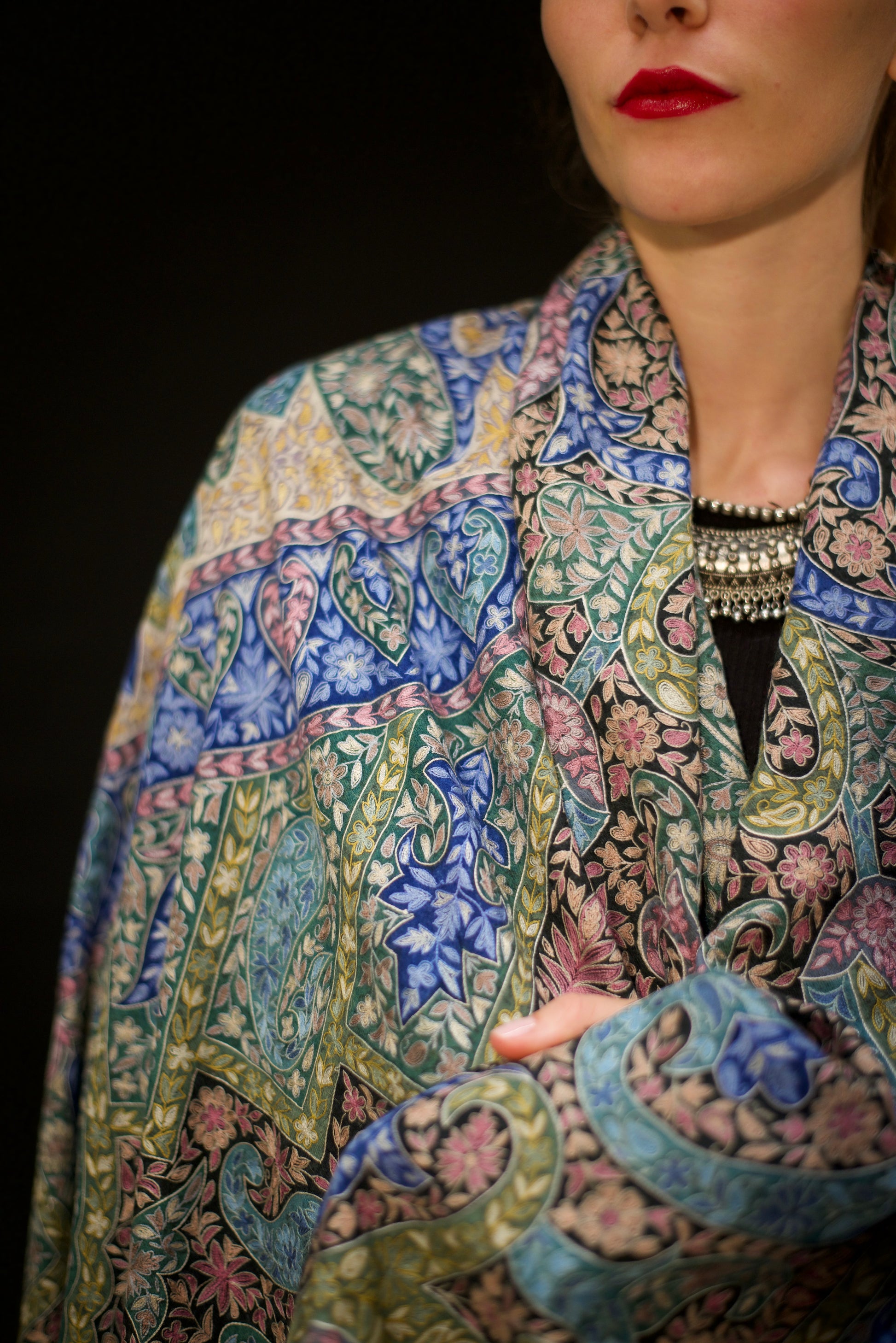 blue multicoloured kalamkari pashmina shawl