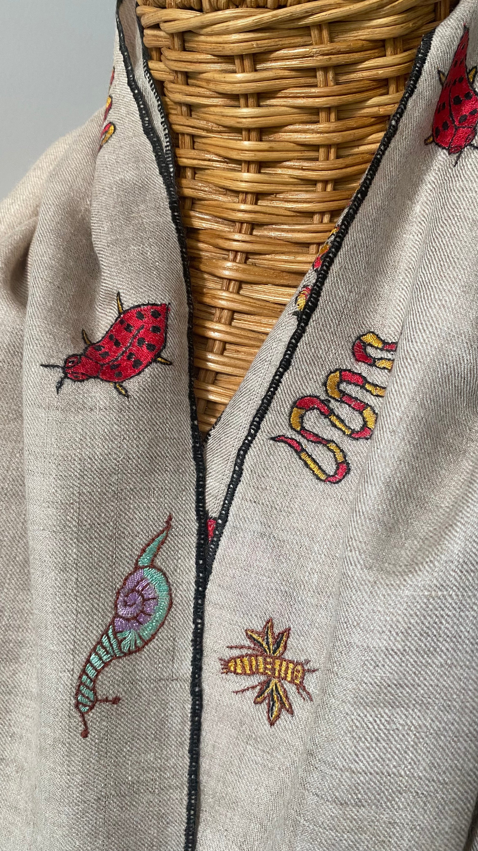 Joyful bugs and instects embroidered pashmina shawl